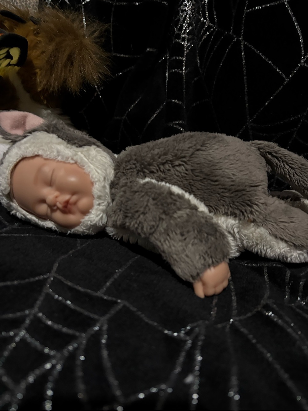 Plush Baby Doll in Gray and White Cat Costume - Soft Cuddly Toy - Picture 3 of 3
